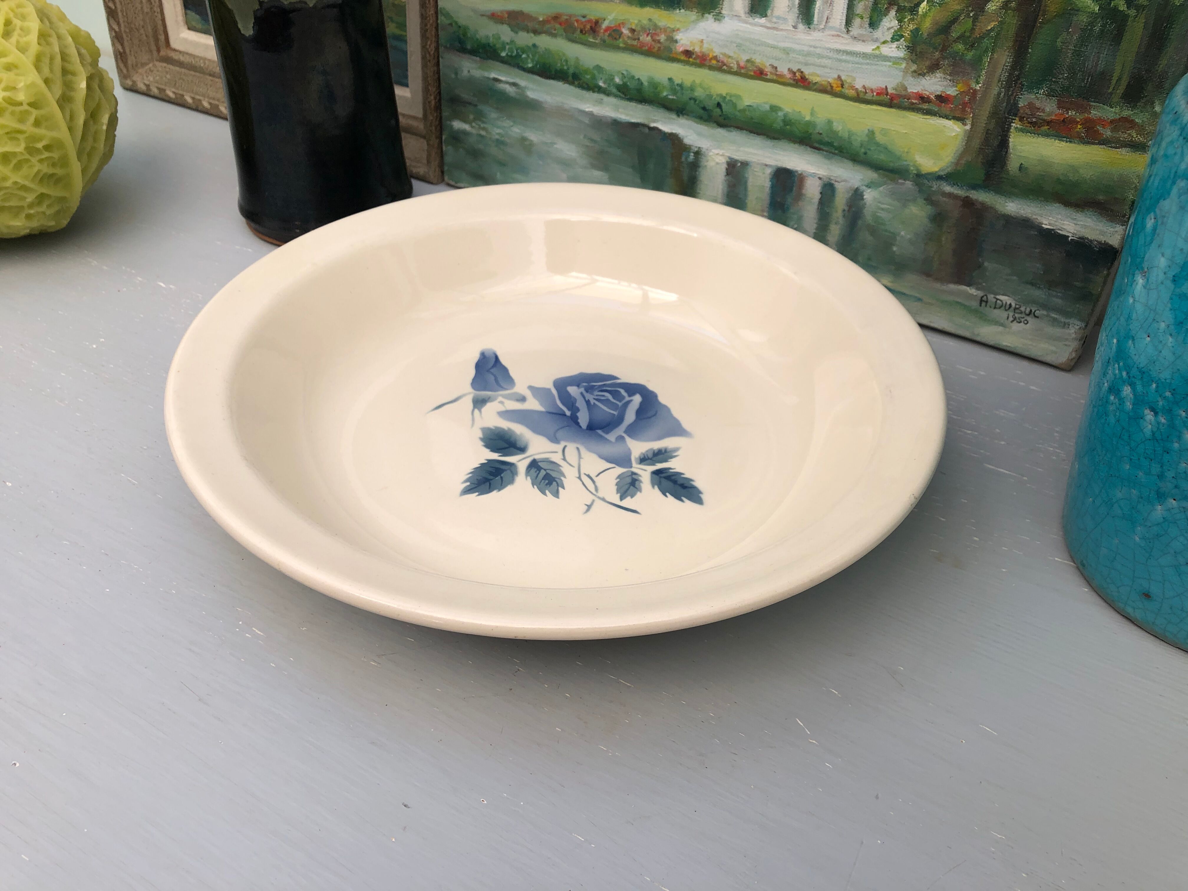 Set of 2 round dishes Sarreguemines Digoin France number 4 with blue pink floral decoration.