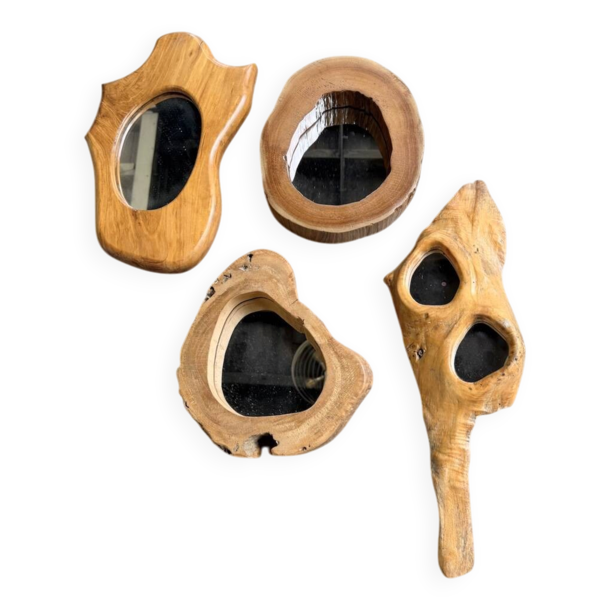 Set of 4 organic brutalist mirrors, wooden, 1950s.