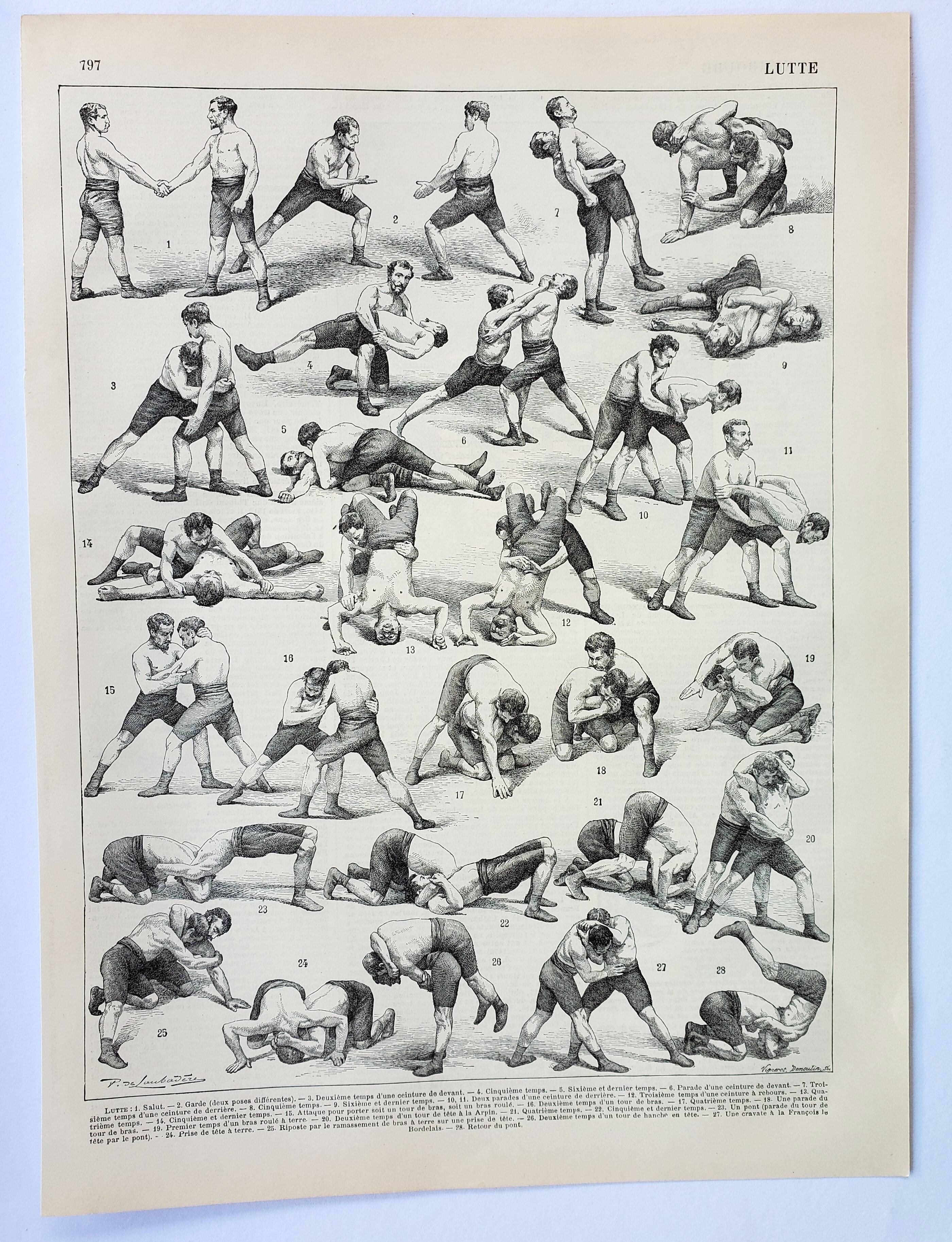 Old engraving 1898, Wrestling, combat sport, boxing • Lithograph, Original plate