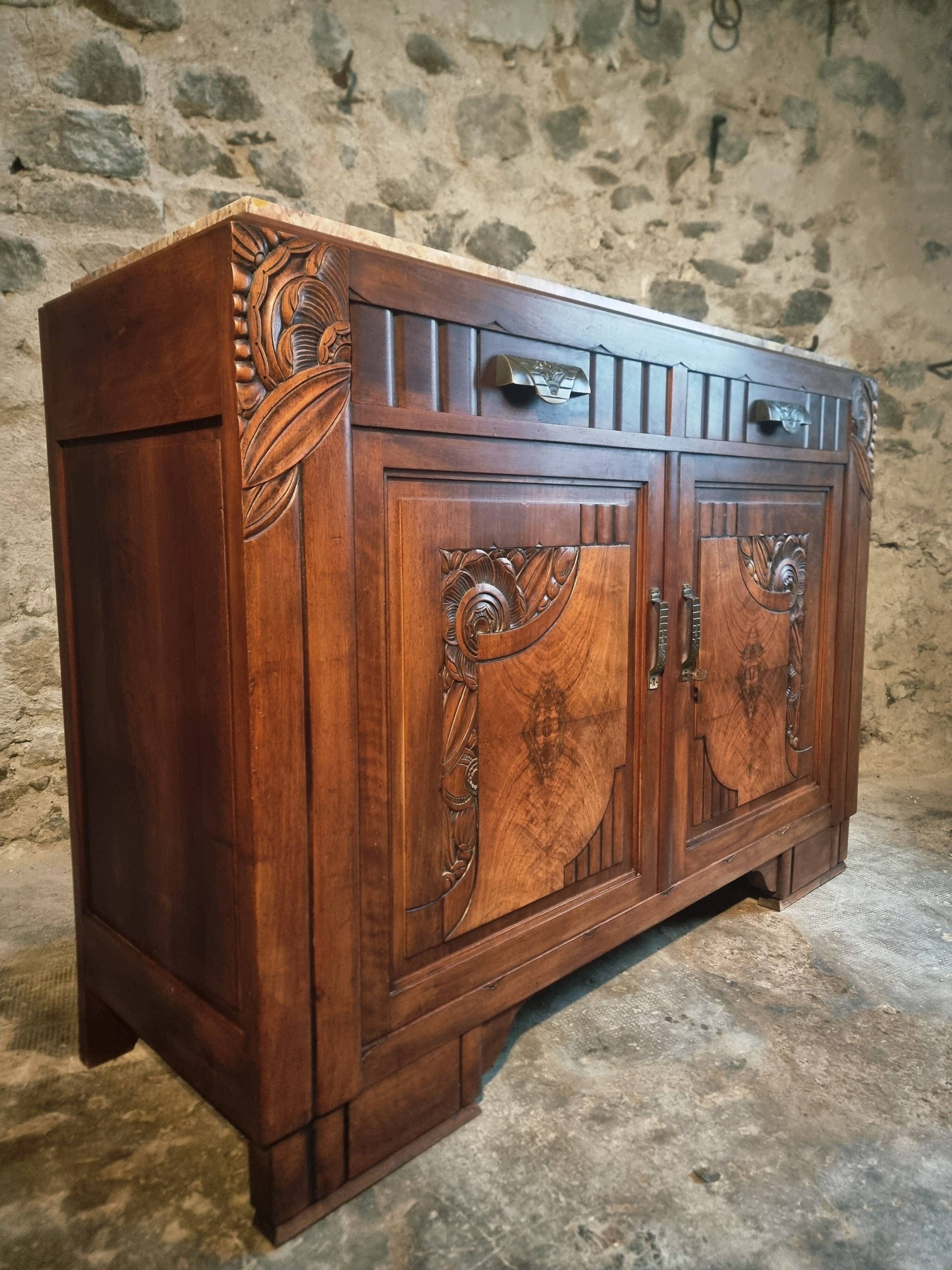 French Art Deco walnut sideboard with marble top (1930s)