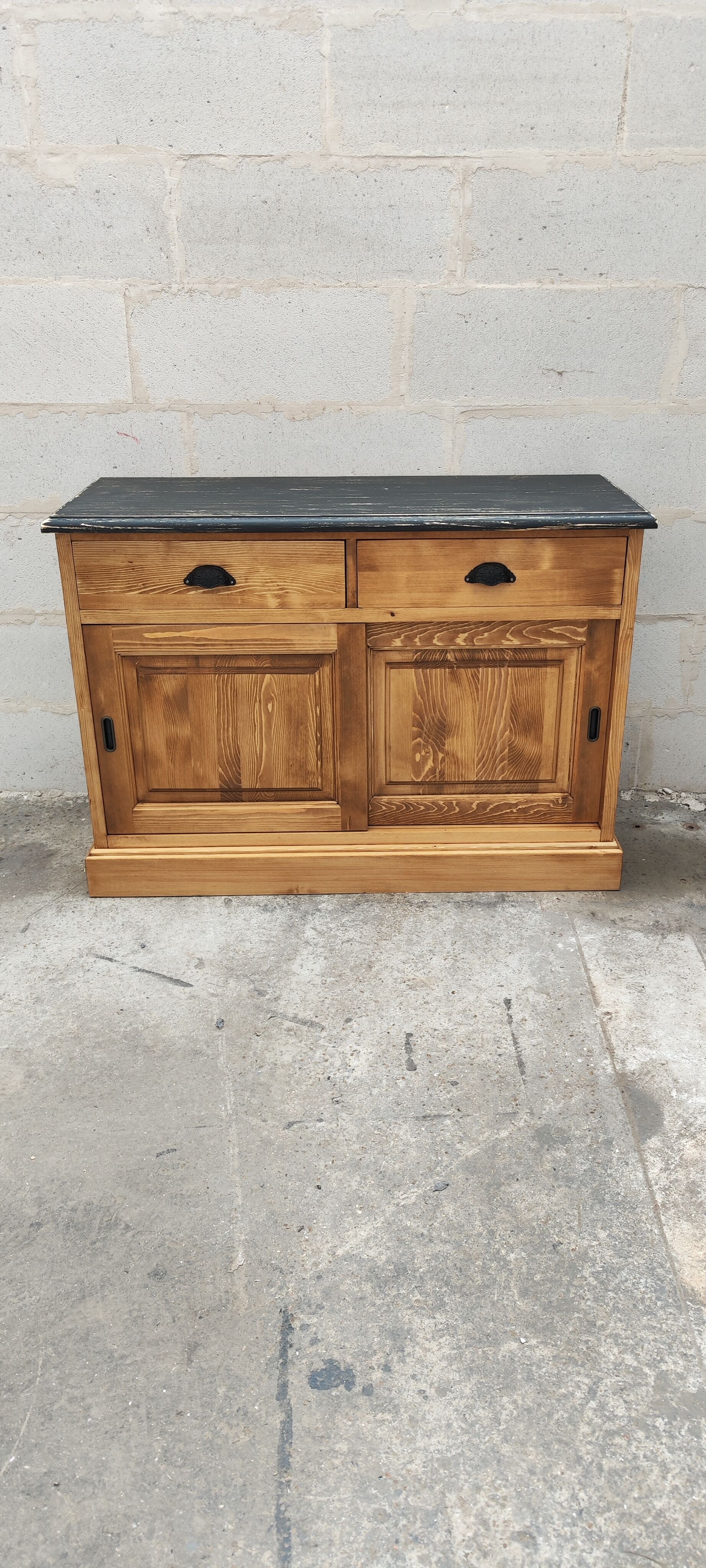 Furniture two sliding doors waxed pine above black patina