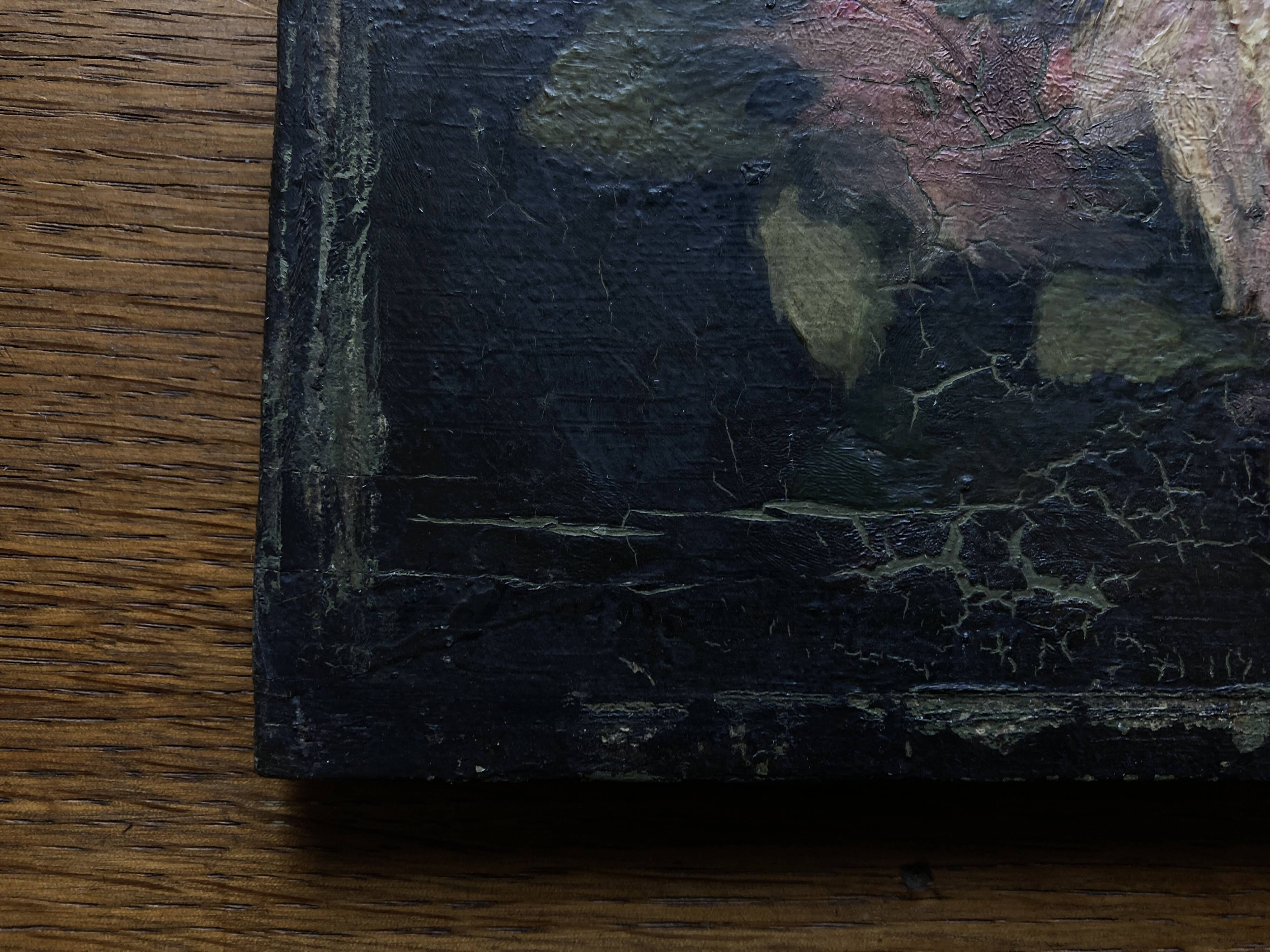 Painting of 19 roses from the garden, oil on wood.