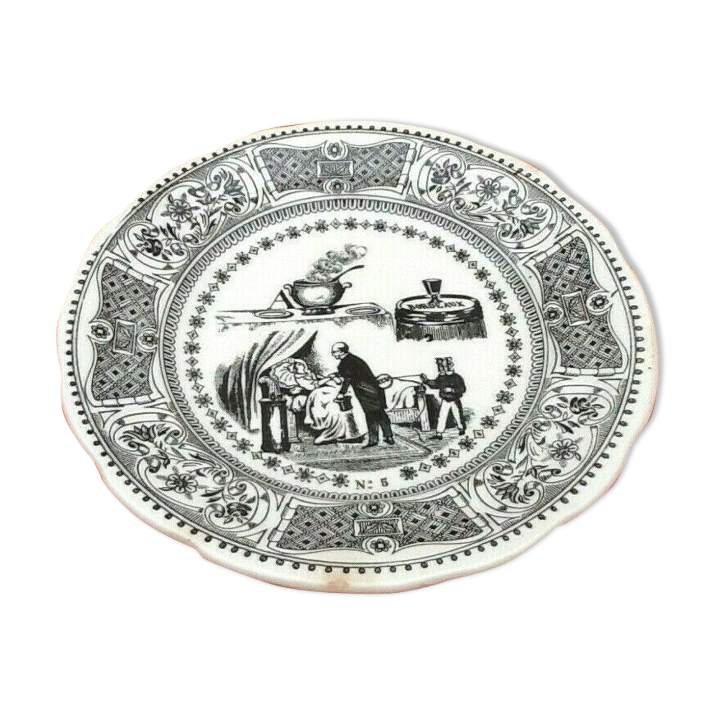 Plate " rebus " Faience of Gien After the soup a glass of wine removes a shield from the...