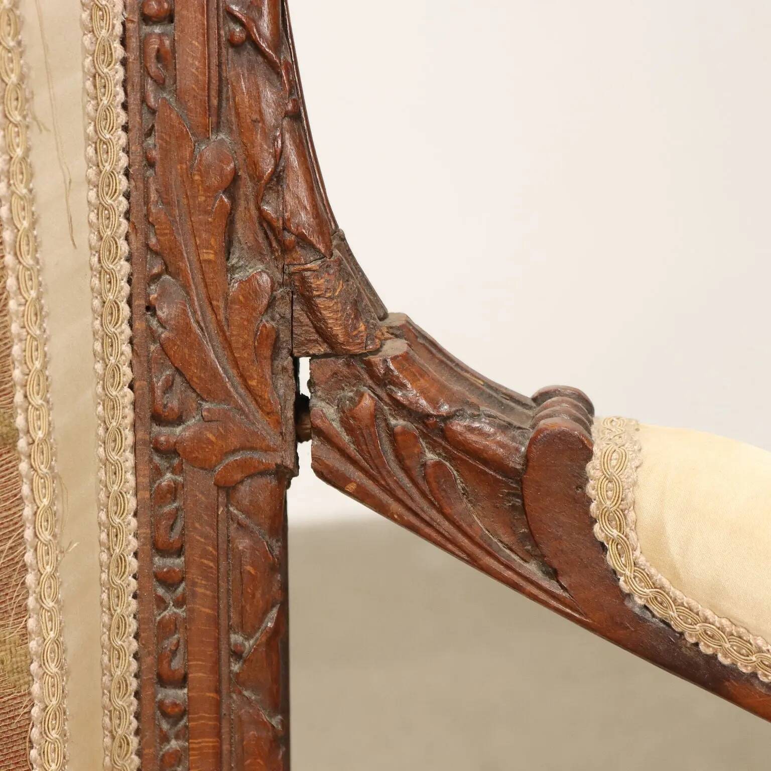 Antique beech armchair stained walnut, fabric, Italy, 19th century