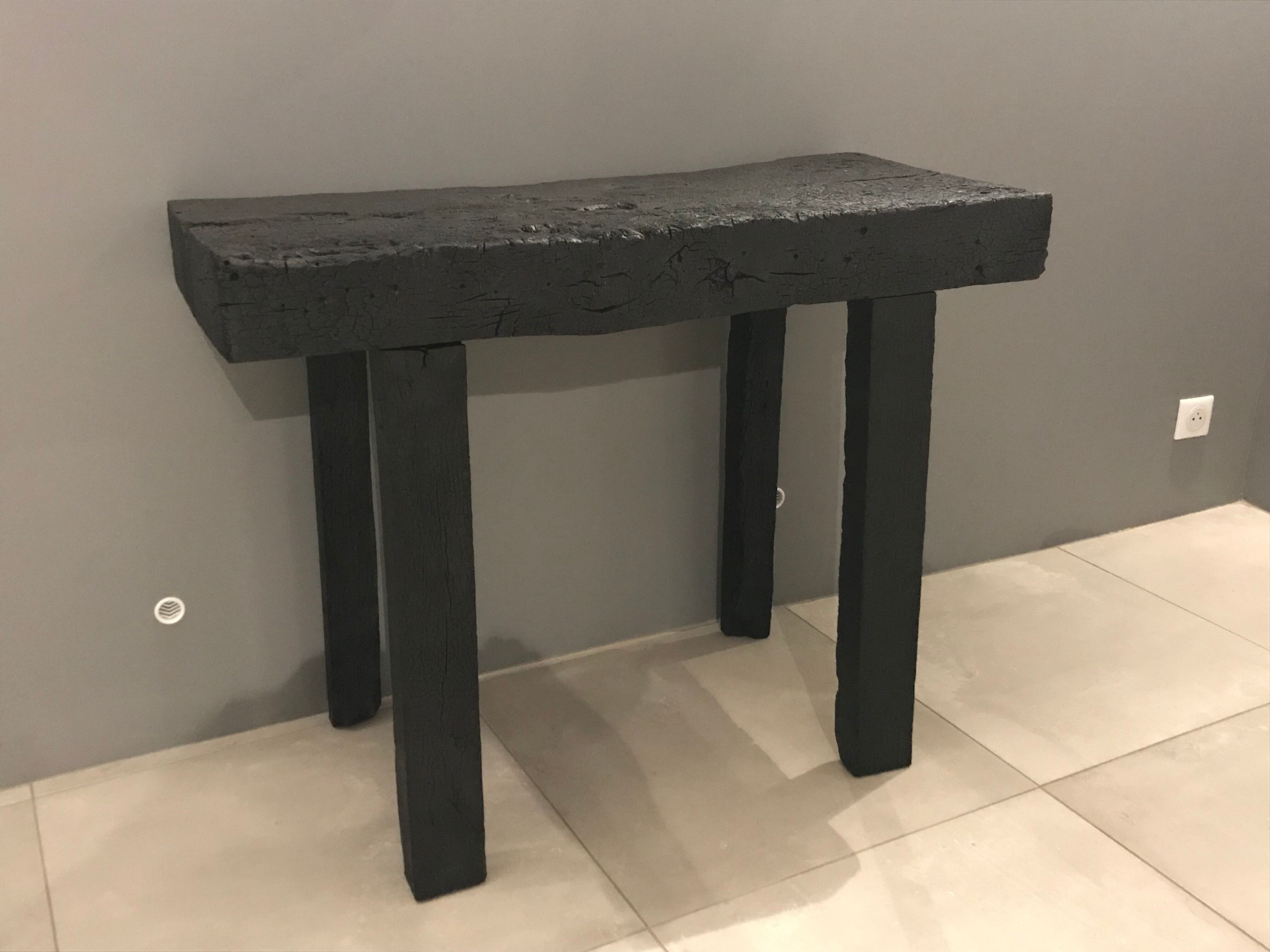 Console wood finishing shou-sugi-ban wood burning with treatment