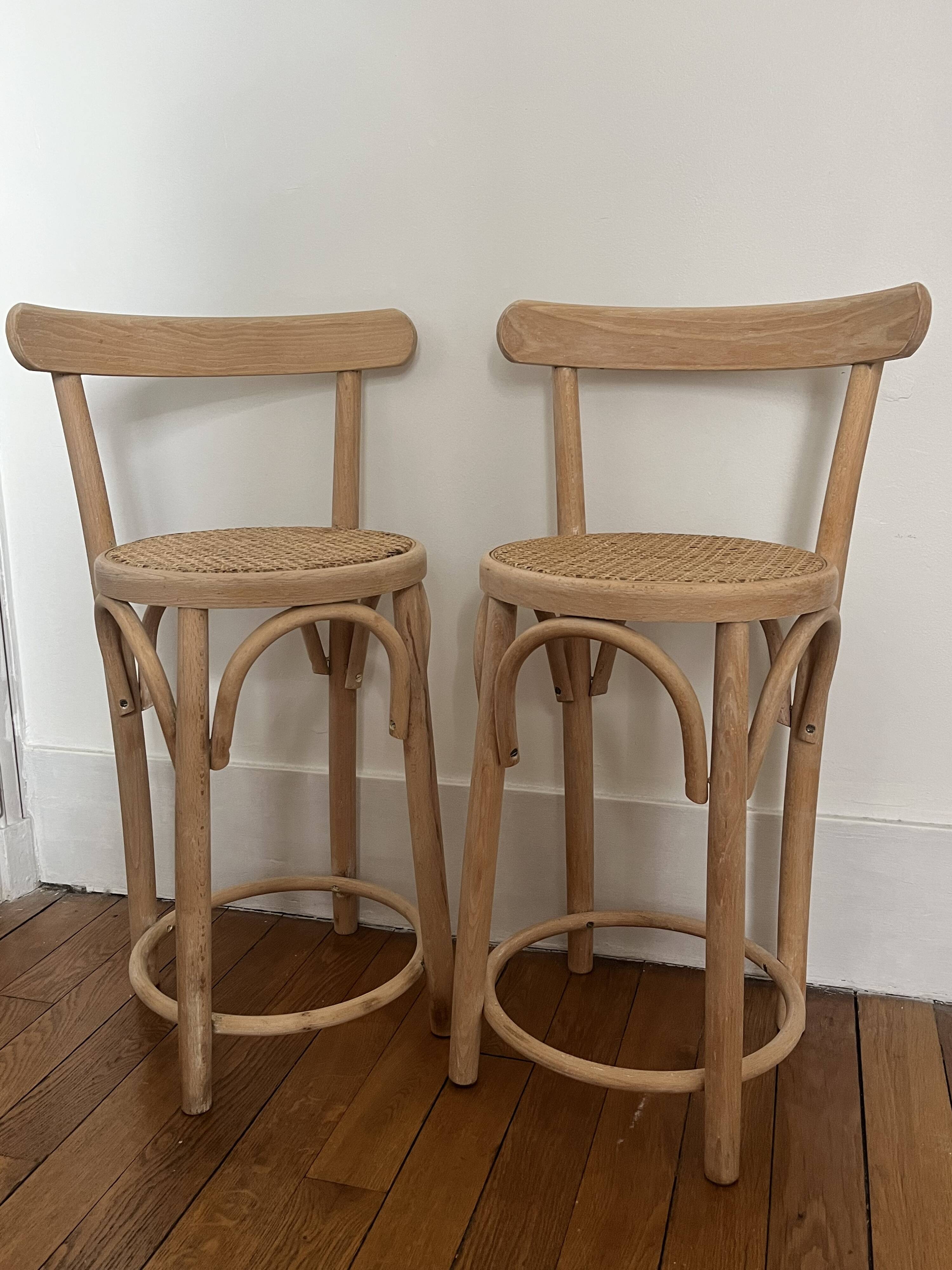 Pair of high chairs, curved wood and caning.