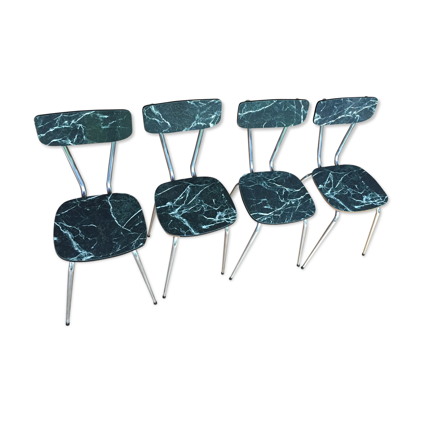 4 chairs in very dark green formica marble effect