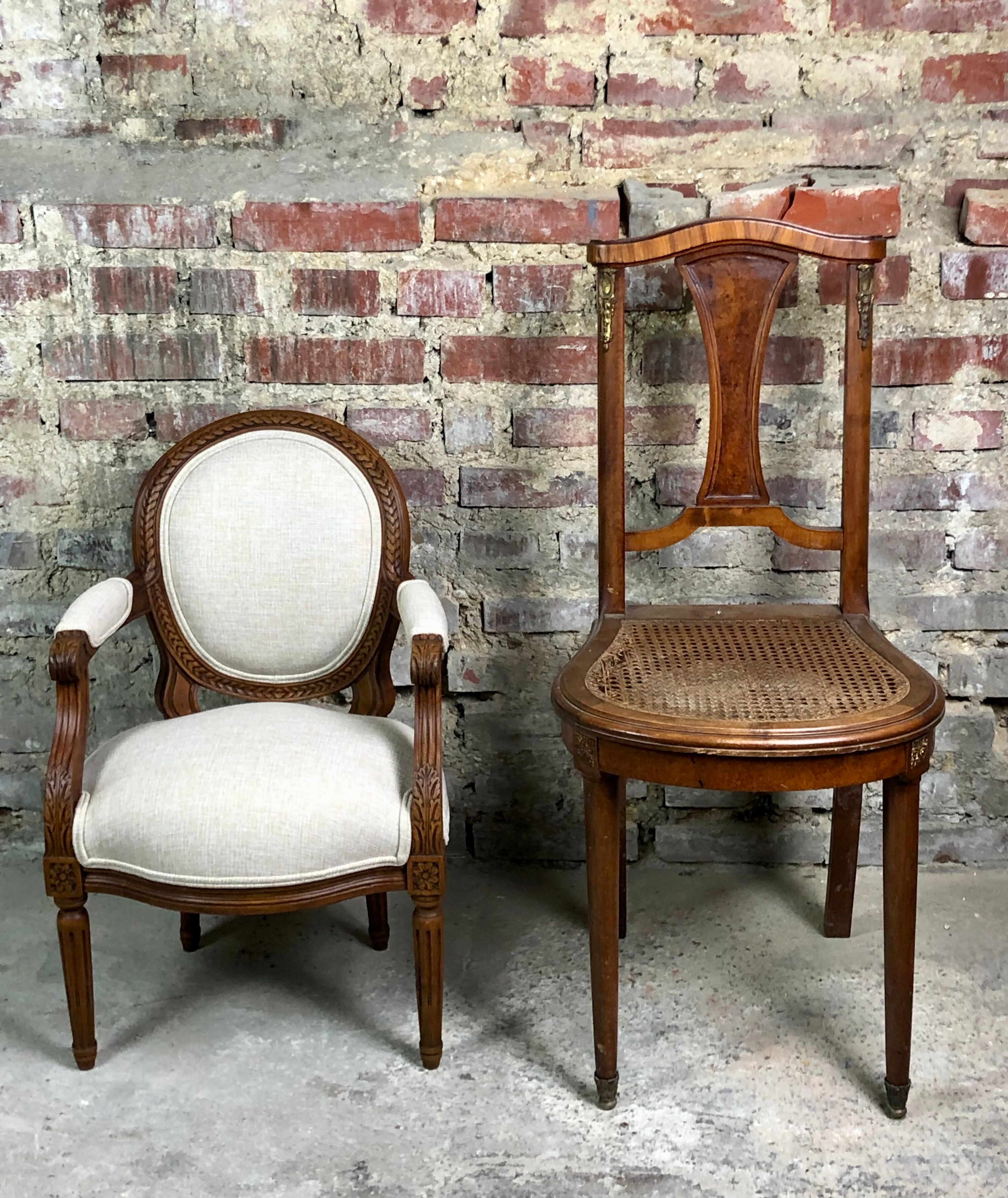 Louis XVI style children's armchair in carved walnut and beige antique upholstery