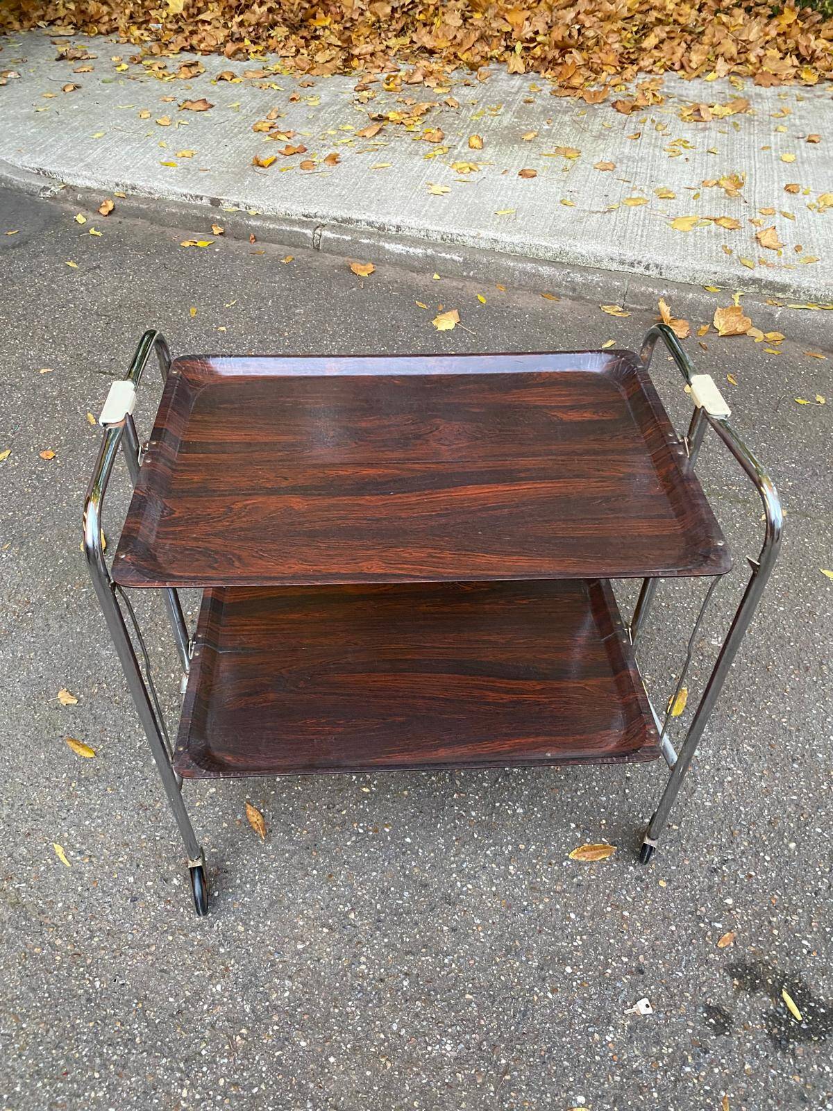 Folding serving cart in steel and mahogany wood on wheels, 70cm