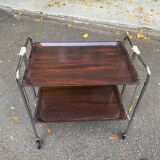 Folding serving cart in steel and mahogany wood on wheels, 70cm