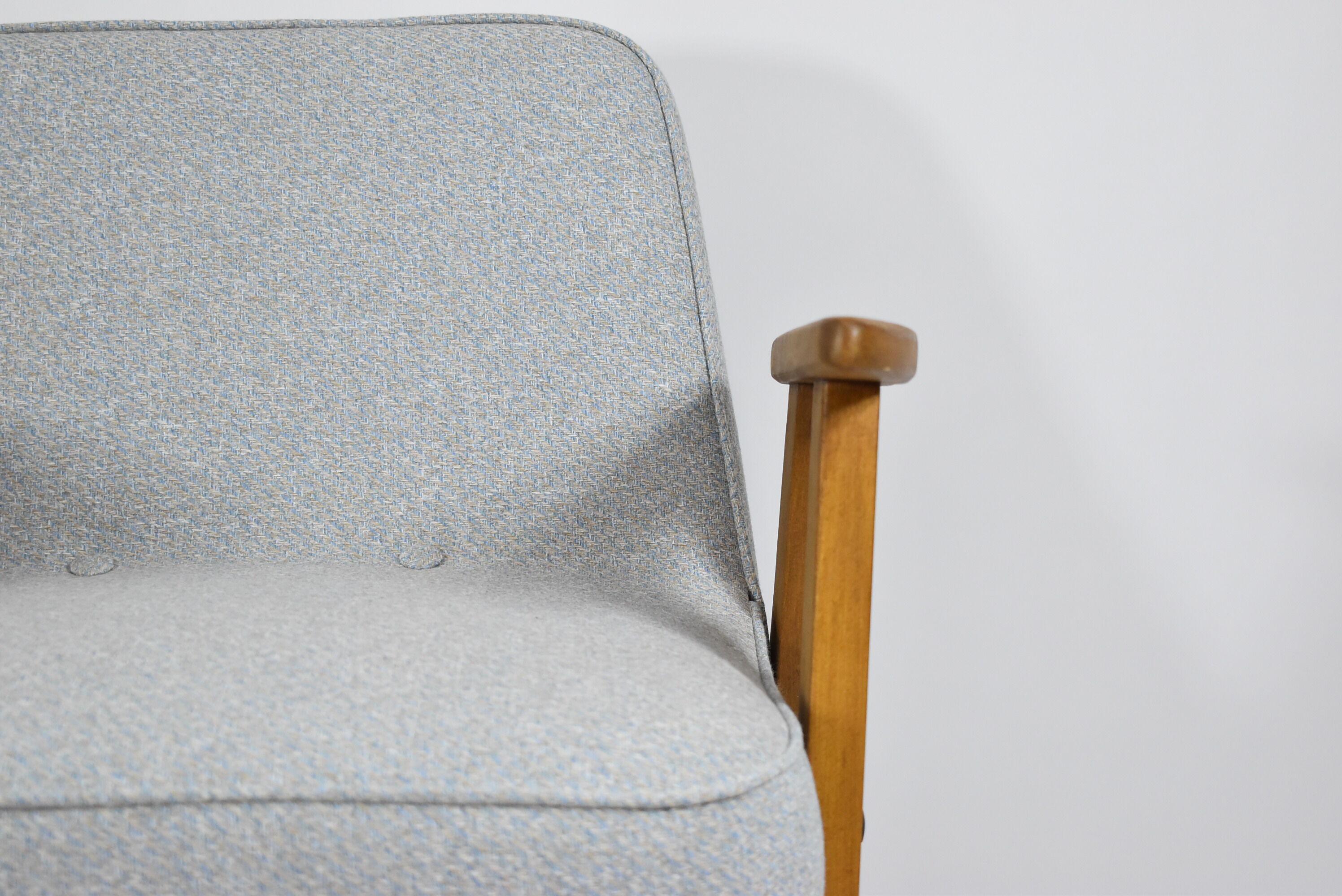 Vintage armchair model 366, 60s, blue fabric, teak wood