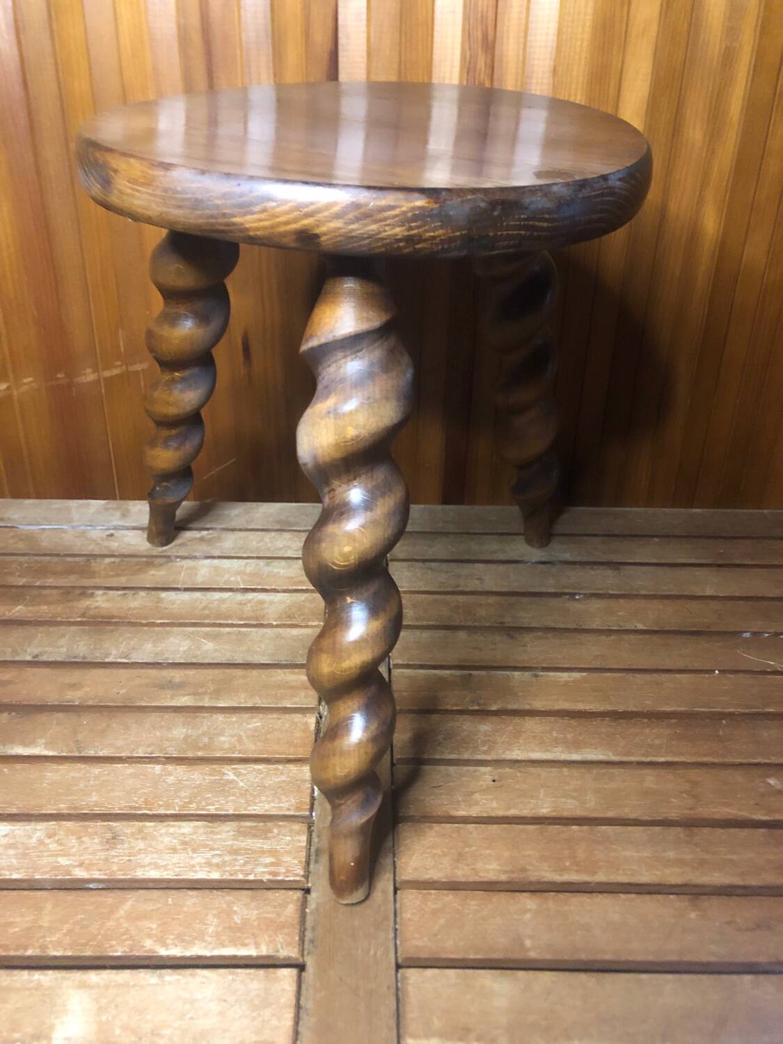 Charles Dudouyt style tripod milking stool vintage twisted wood #a583