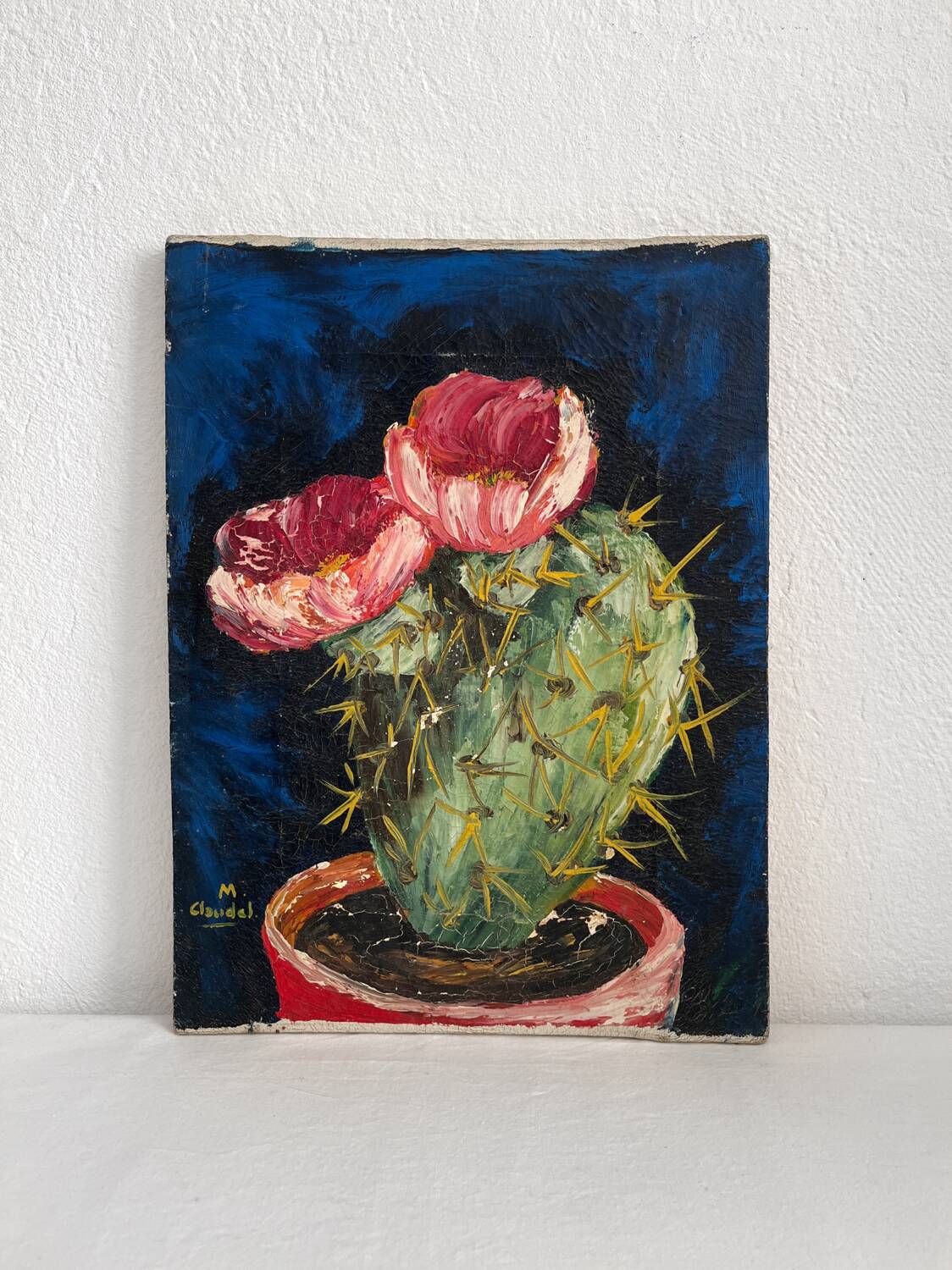 Peinture ancienne huile sur toile cactus signée Claudel
