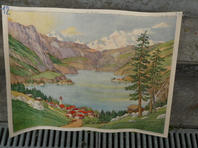 School poster Rossignol collection 50s, N° 33 and 34 the lake and the coast with cliff
