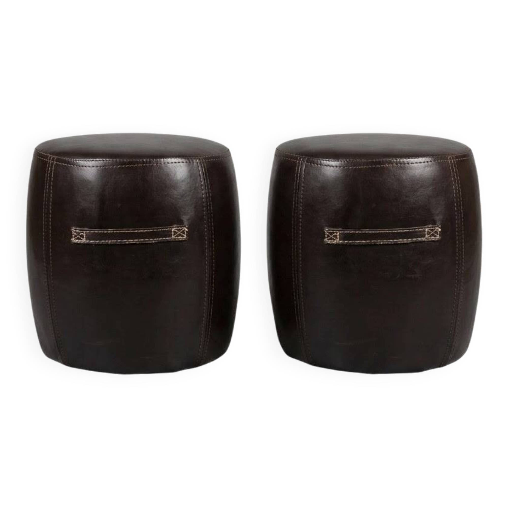 2 small brown poufs with beige stitching - industrial, loft, vintage style, re