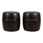 2 small brown poufs with beige stitching - industrial, loft, vintage style, re