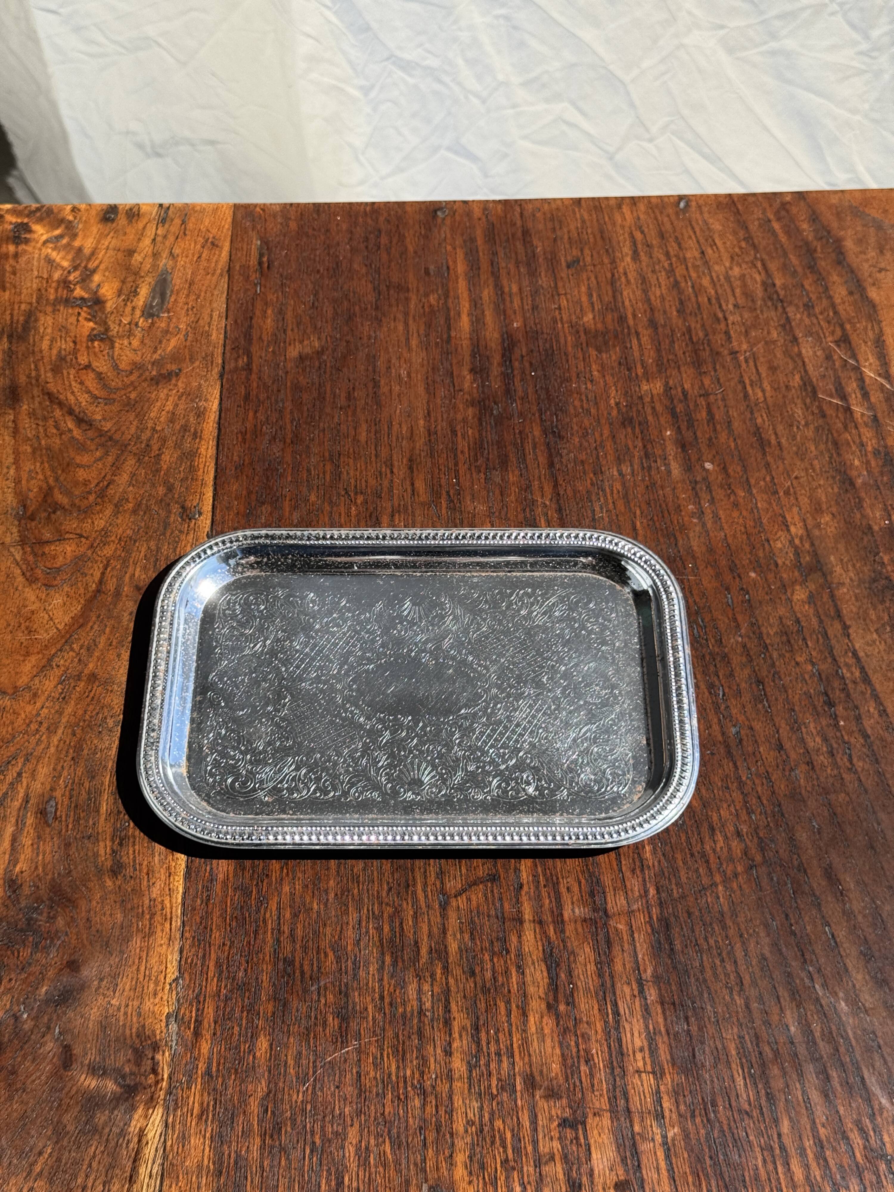 Small engraved silver metal tray L22