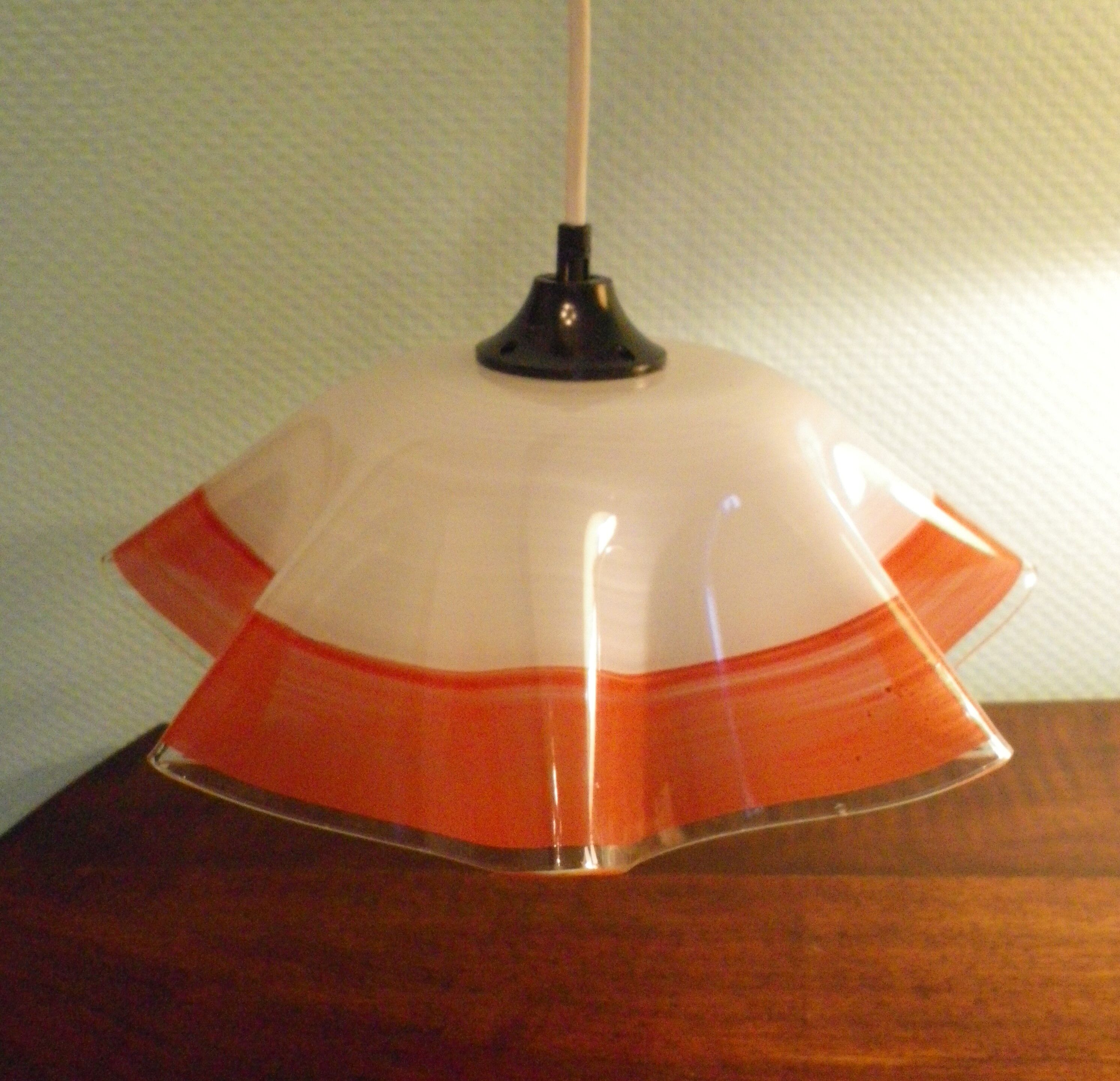 Berlingot pendant lamp from the 60s, white, orange and transparent glass