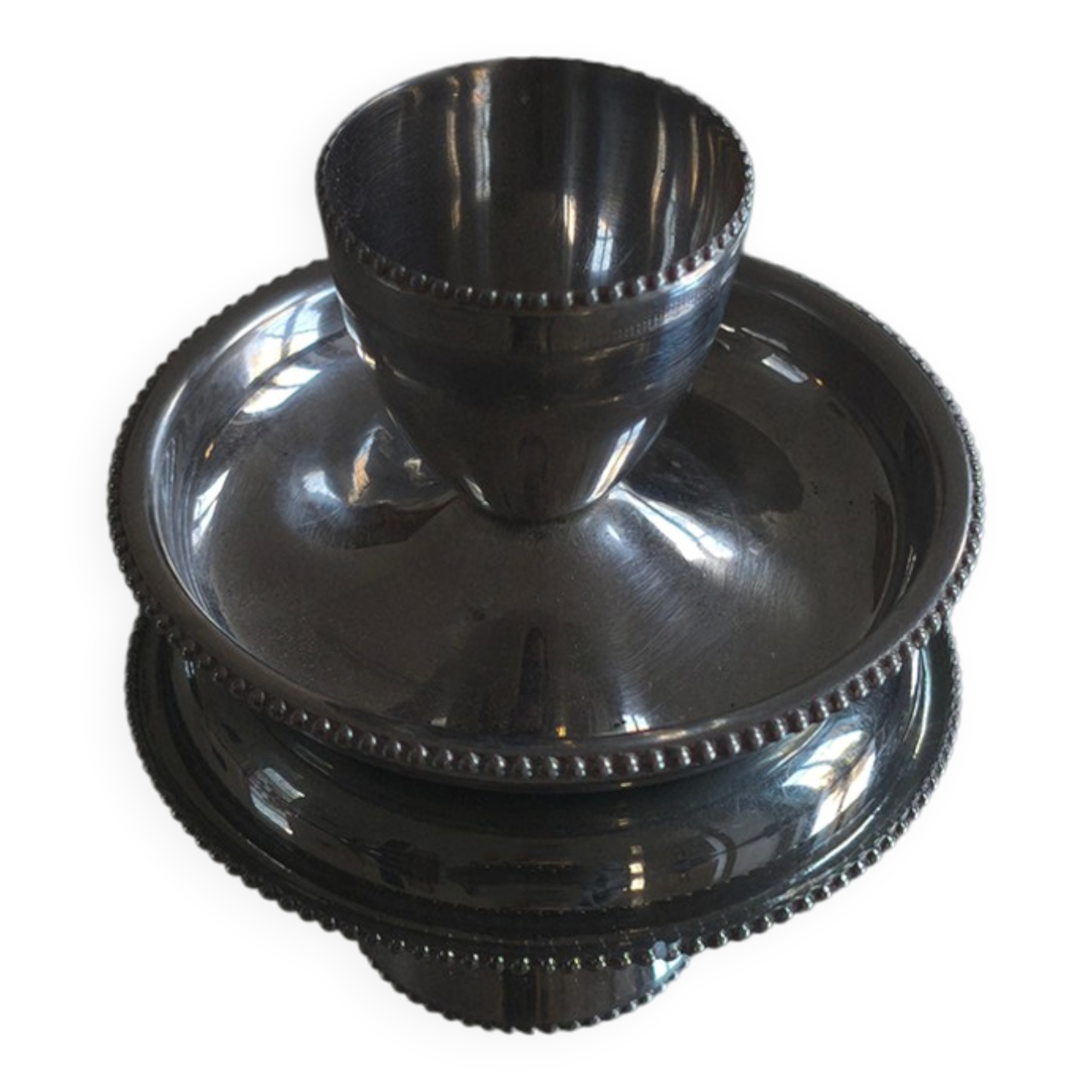 Stainless steel egg cup with saucer and beaded edge