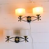 Paire d'applique double, Mid-Century, noir laiton Opaline, France 1950's