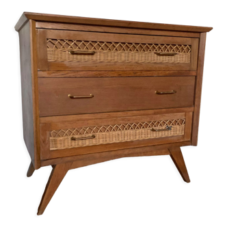 Wood and rattan chest of drawers