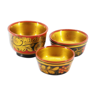 Set of 3 cups in vintage Russian Khokhloma wood