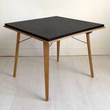 Folding Coffee Table "PLIDEAL" Beech & Black Faux Leather 50s Vintage