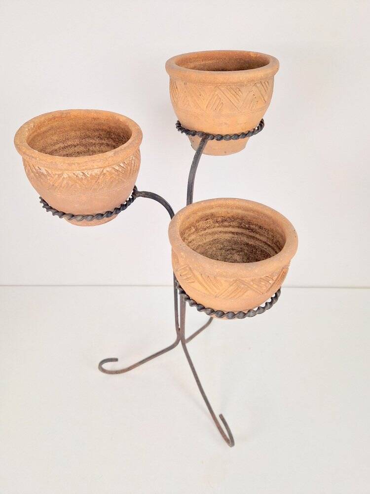 Brutalist Wrought Iron Plant Stand with Handmade Terracotta Pots, 1970s, Set of 4