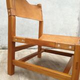 Armchair in solid elm and leather Maison Regain 1970