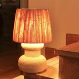 Stone column lamp, raffia lampshade, 1960s