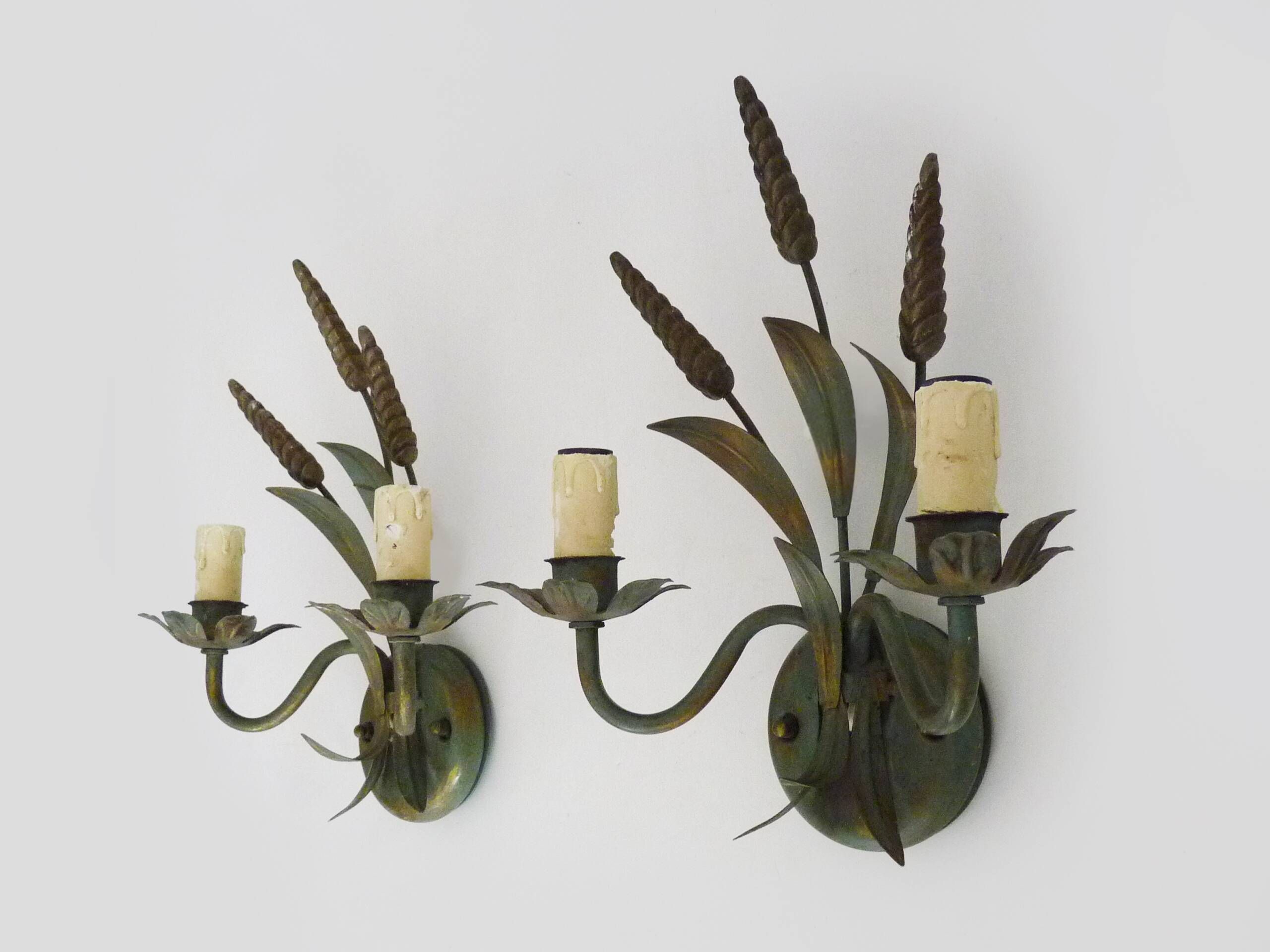 Pair of vintage metal wall sconces in the shape of wheat ears.