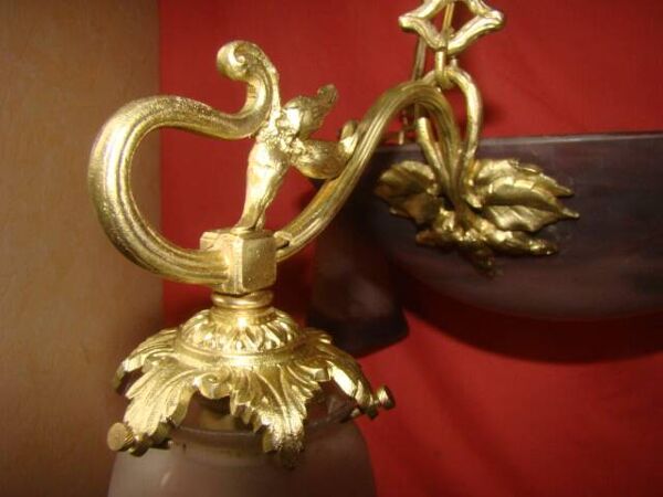 lustre en pâte de verre 1 coupe et 3 tulipes signées ''Degué'' ép. Art-Déco