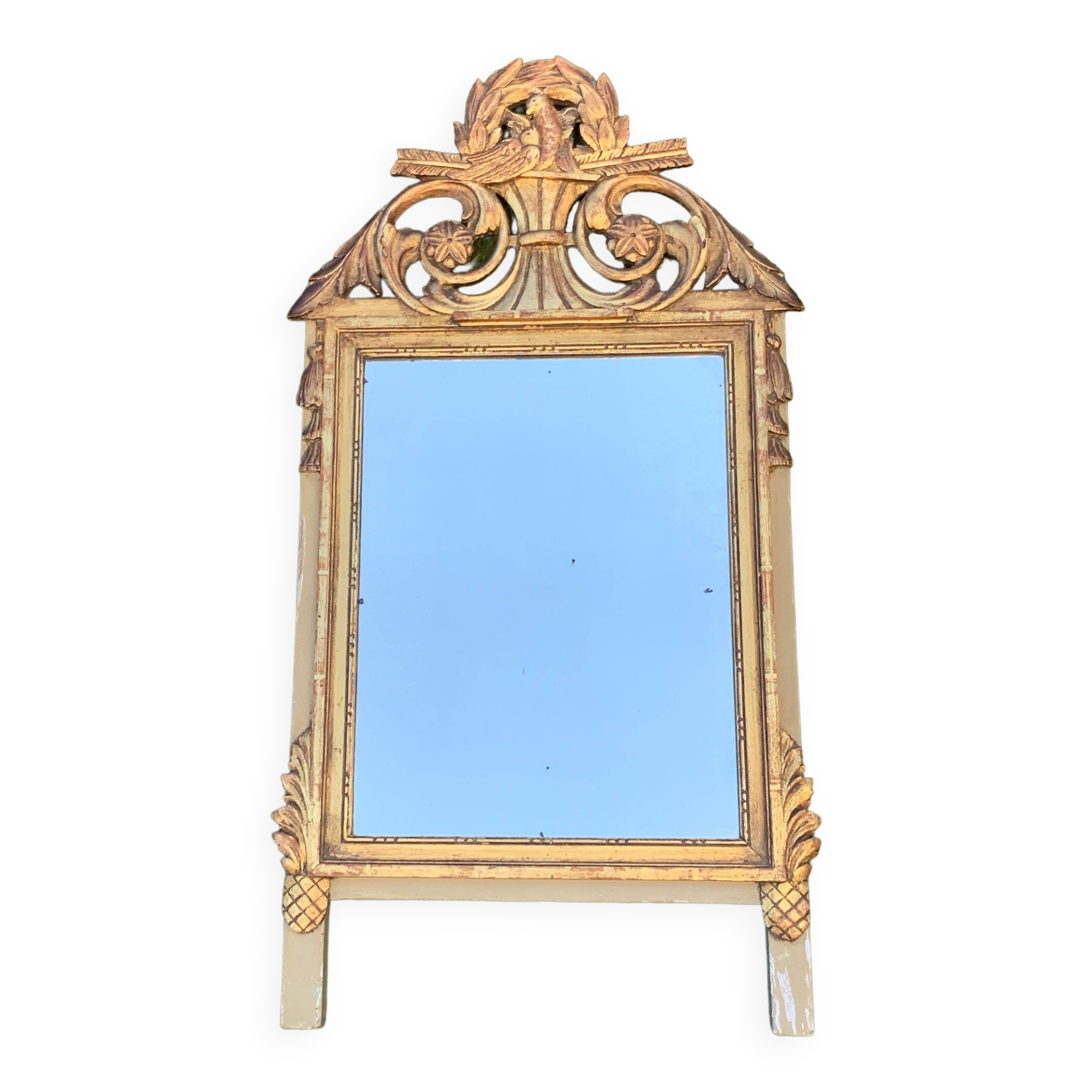 Antique mirror with gilded wood pediment, Louis XVI style