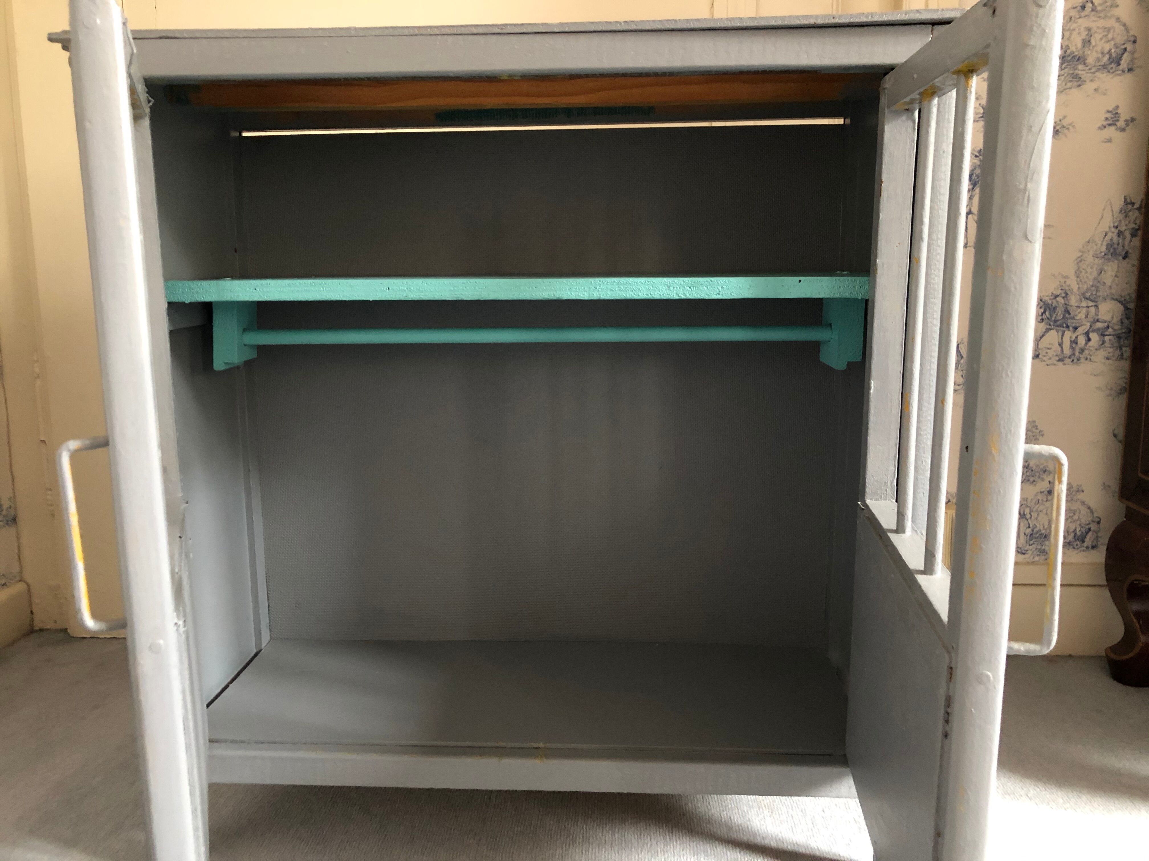 Two-door doll cabinet - grey and vintage blue painted wooden rod