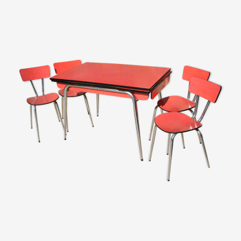 Red formica table with extension cords - 8 chairs / 60s