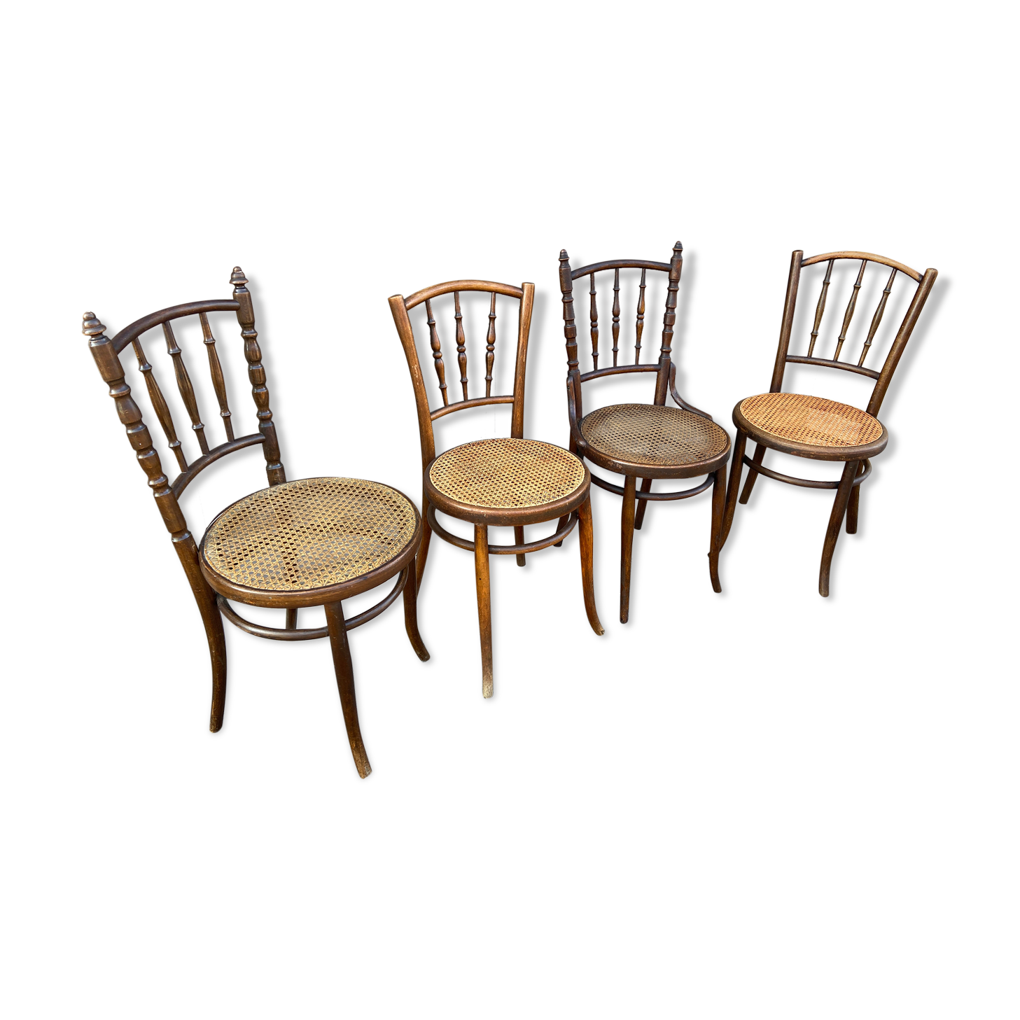 Set of 4 Mismatched pramed wood coffee bistro chairs