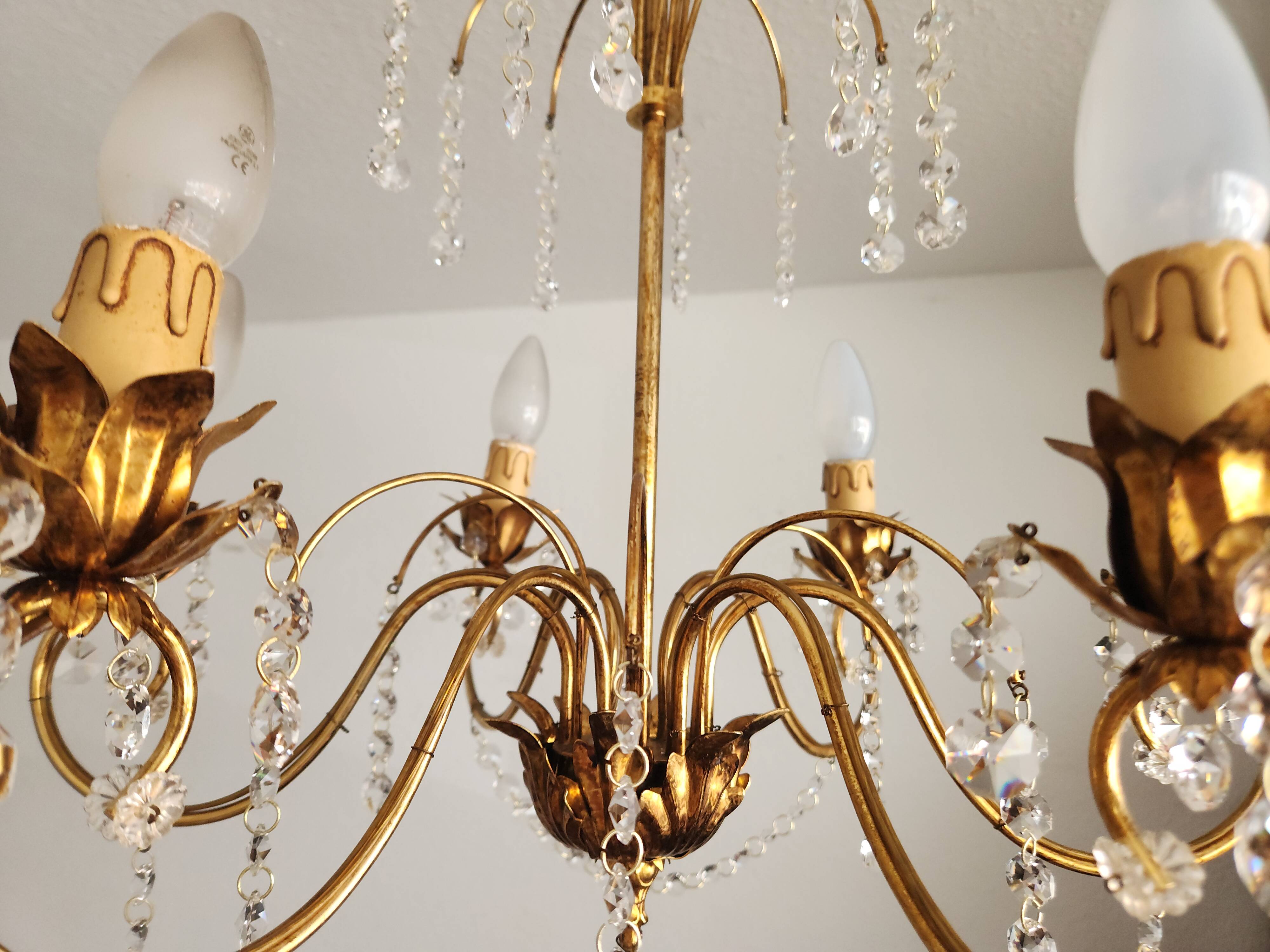 Messing doré lustre à 6 lumières lampe cristal cascade 1950-1970