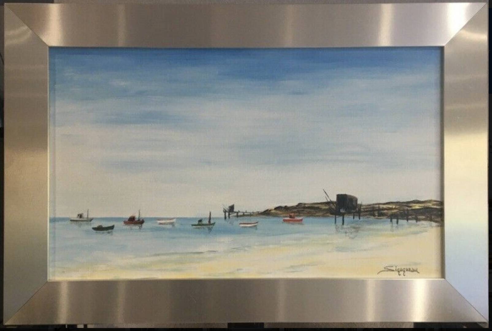 Fishing in the bay of Bourneuf en-Retz, Pornic - painting on canvas signed Sigogneau