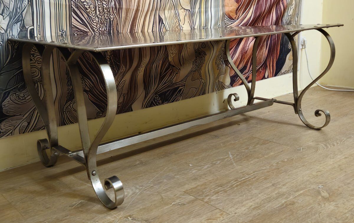 Riveted metal industrial coffee table, Jansen style