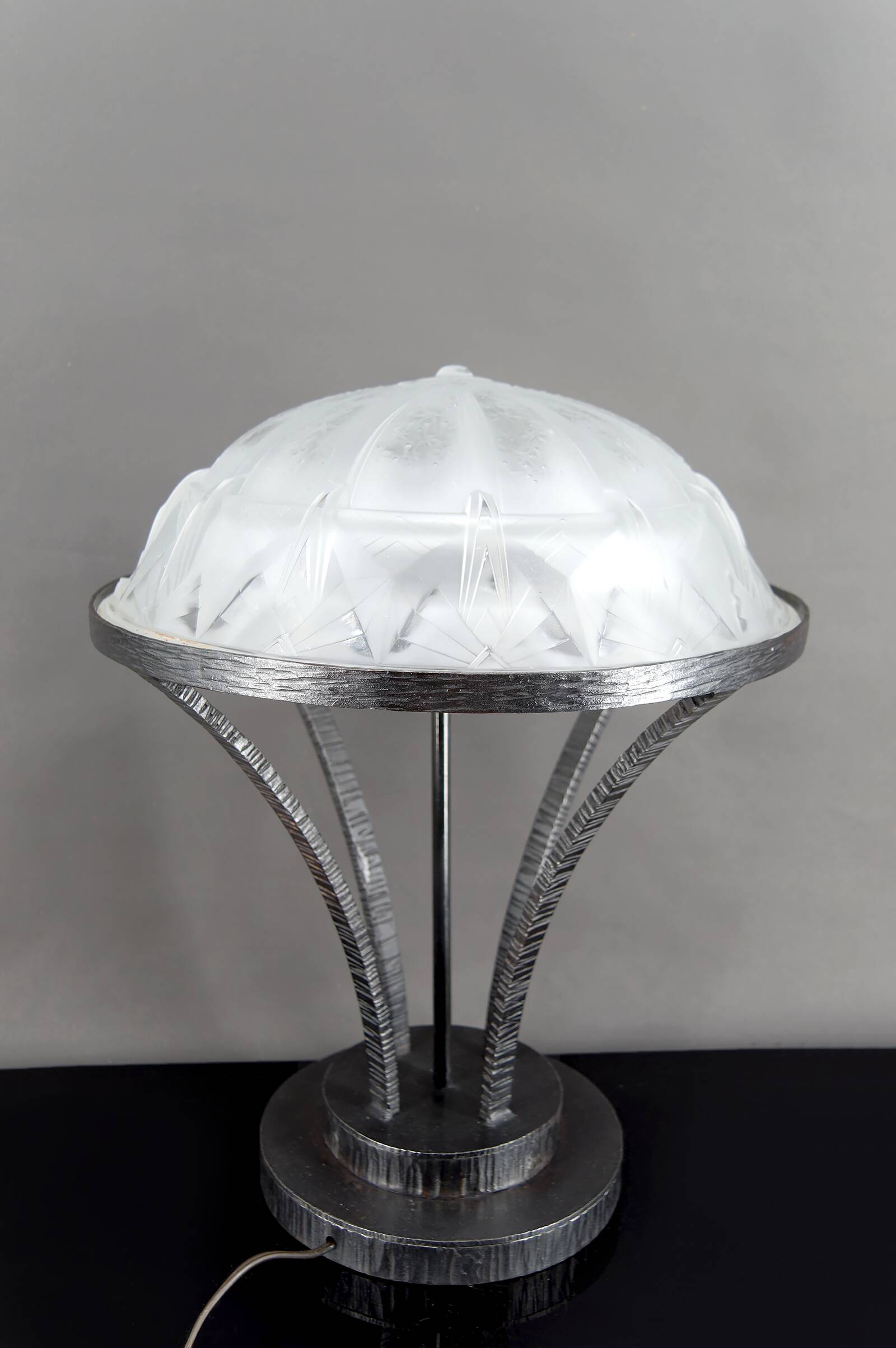 Important Art Deco Wrought Iron Lamp with Starry Glass Dome, c. 1930