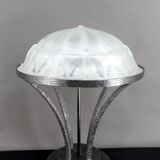Important Art Deco Wrought Iron Lamp with Starry Glass Dome, c. 1930