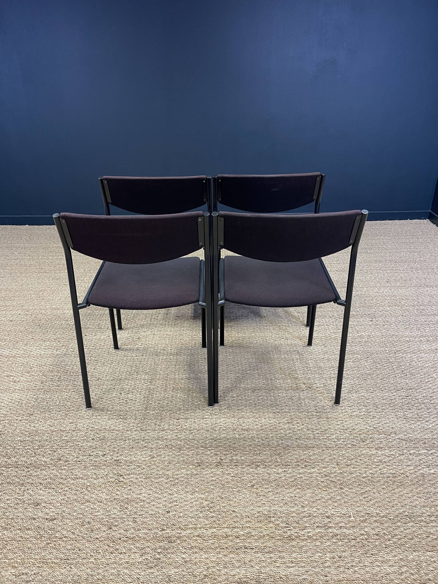 Set of 4 Gijs Van Der Sluis chairs aubergine fabric black steel legs 70s Netherlands
