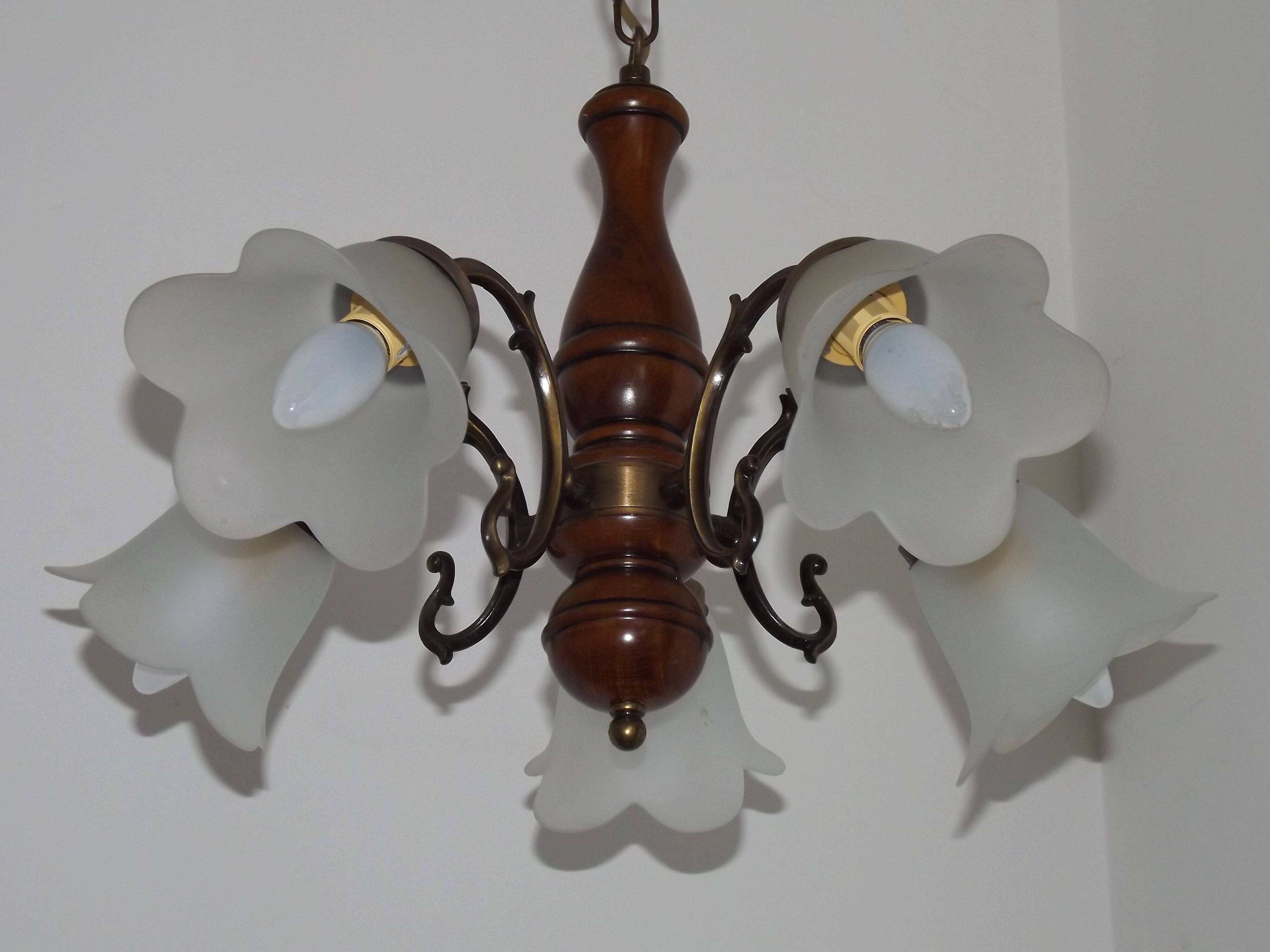 French Mid-Century Bronzed Metal & Wood 5-Light Chandelier with Glass Shades