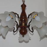 French Mid-Century Bronzed Metal & Wood 5-Light Chandelier with Glass Shades