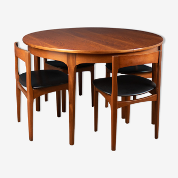 Retro Teak 1960s Round Dining Table & Four Space Saving Chairs By Nathan