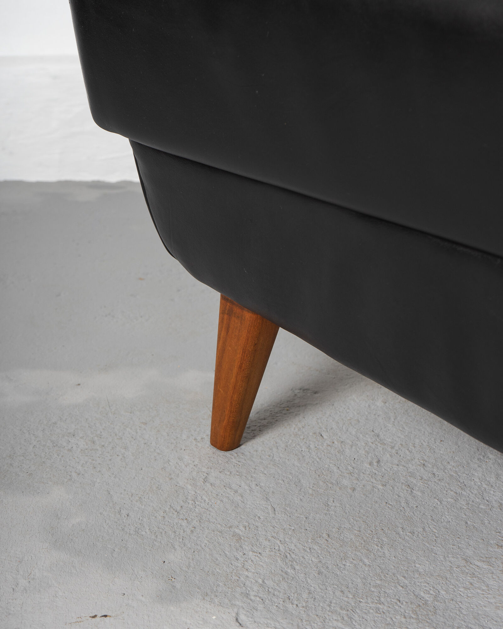 Mid Century Black Leather and Teak Scandinavian Armchair, Denmark, circa 1970