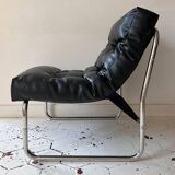 Vintage Gillis Lundgren armchair, black leather and chrome, Sweden 1970s