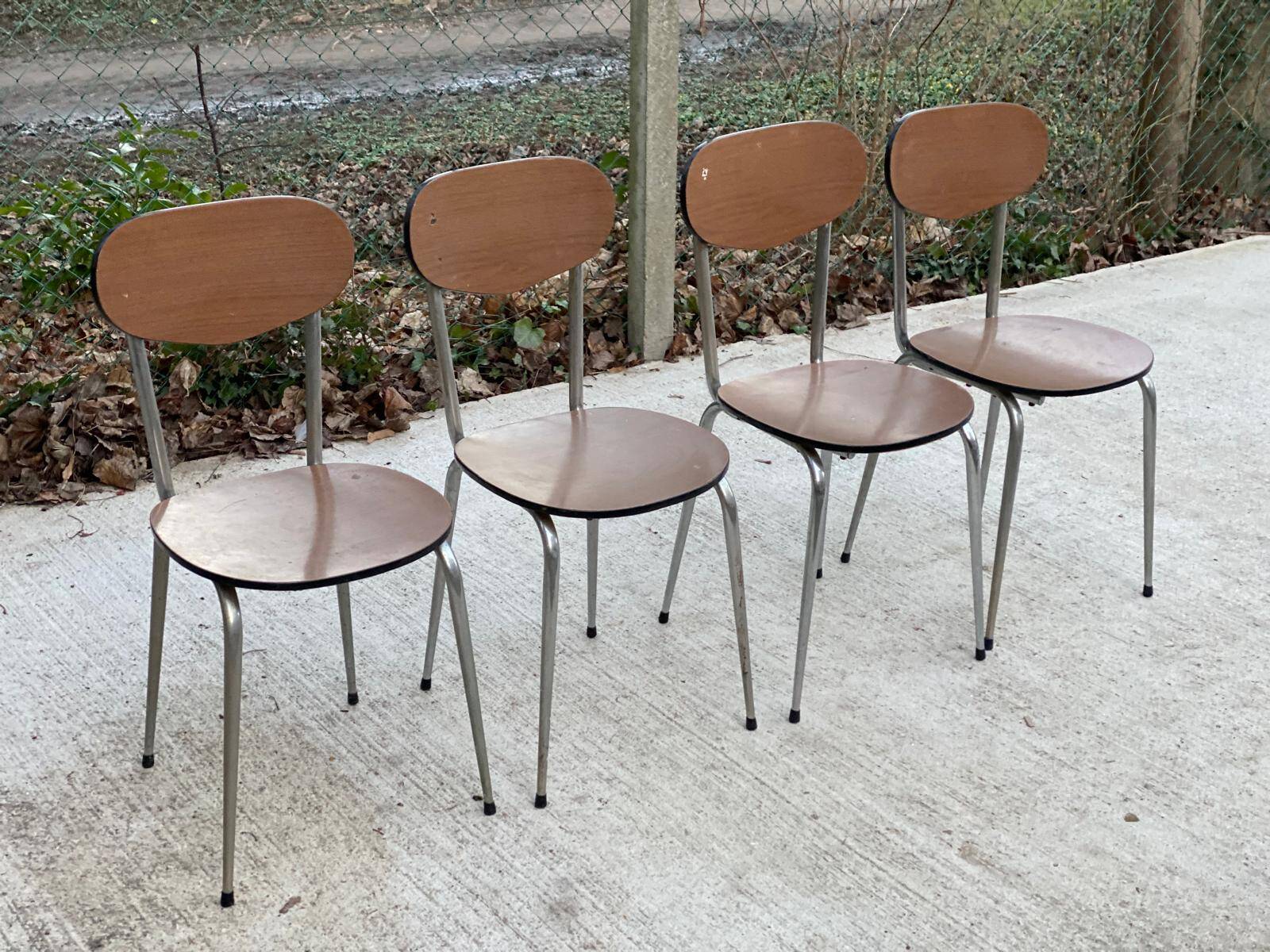 4 brown formica kitchen chairs with wood effect