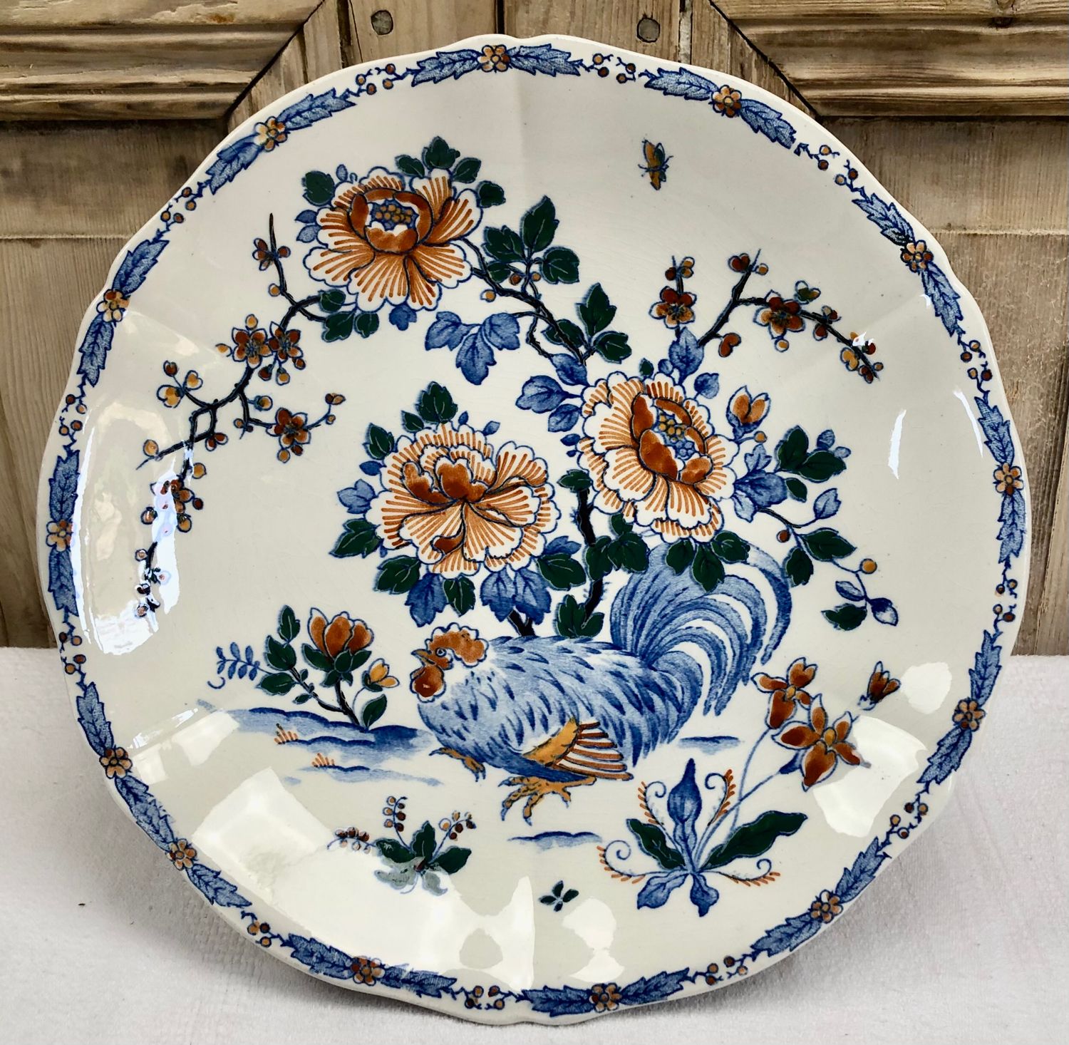Compotier fruit cutters on pedestal Gien rooster and peonies 1938 1960