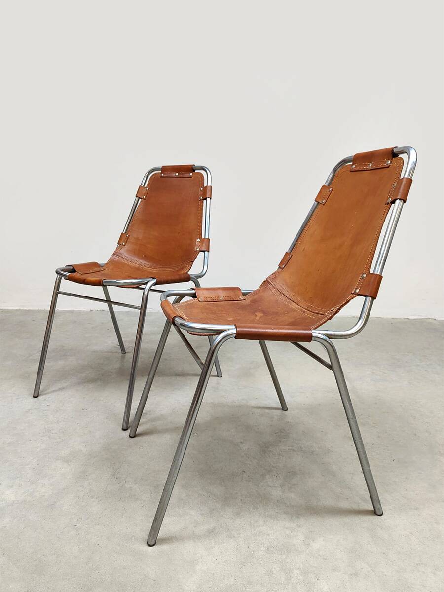 Vintage Italian design Les Arcs chairs camel leather Charlotte Perriand for Dal Vera 1970s